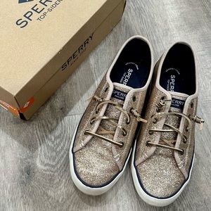 Sperry Pier View Holiday Champagne Gold Glitter Sneaker
